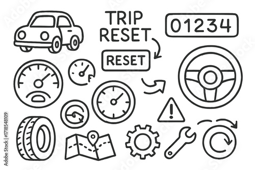 Vehicle Trip Reset Doodles. Hand-drawn doodle illustration [Vehicle trip reset concept] [car, dashboard, odometer, button, arrow, speedometer, steering wheel,