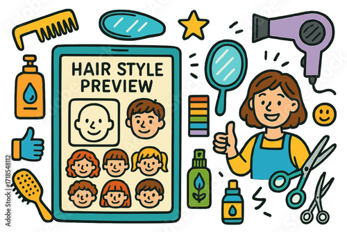Colorful Hair Style Preview. Colorful Hand-drawn doodle Children illustration Hair Style Preview digital screen, face outline, hairstyle samples, star, mirror,