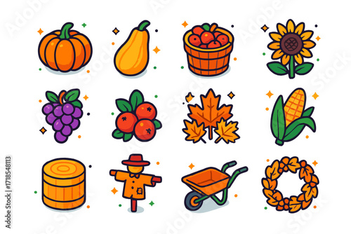Seasonal Harvest Icons. Colorful isometric vector icons set of seasonal harvest: pumpkin, squash, apple basket, sunflower, grapes, cranberries, maple leaves,