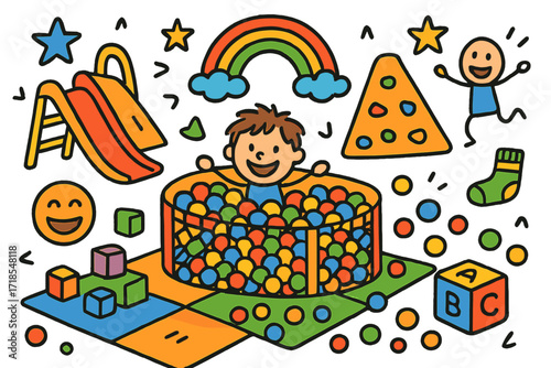 Children's Play Paradise. Colorful Hand-drawn doodle Children illustration Ball Pit colorful balls, smiling kid, foam blocks, soft mat, slide, climbing wall,