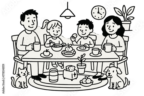 Family Breakfast Doodles. Hand-drawn doodle illustration [Family having breakfast together] [table, chairs, plate, cup, cereal bowl, fruit, toaster, family