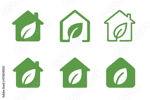 Eco-Friendly Logo Grid. Sustainable Living. Set Logo of Sustainable Living: Eco-friendly house. harmonious logo variations of the same emblematic concept, each