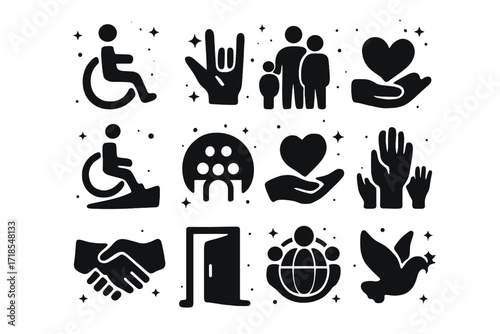 Symbolic Inclusion Icons. Inclusion. Solid icons set of wheelchair symbol, sign language hand, diverse people, accessible ramp, inclusive circle, support