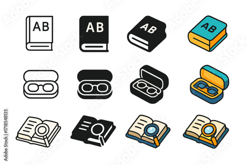 Vision and Knowledge Icons. Icon Set of Knowledge and Vision: Encyclopedia, Glasses case, Open book with magnifier. Icons set in vector style, emblematic