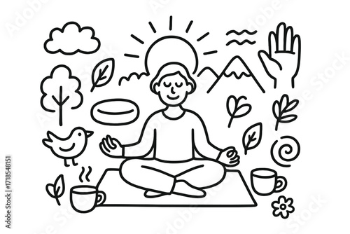 Morning Meditation Doodle. Hand-drawn doodle illustration Morning meditation ritual person sitting cross-legged, rising sun, yoga mat, cushion, cup of tea,