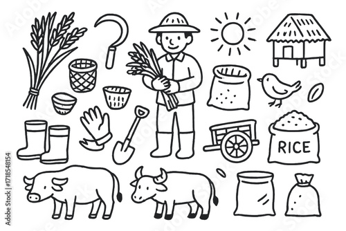 Rice Harvest Doodle. Hand-drawn doodle illustration Rice Harvest [bundle of rice, sickle, basket, farmer, straw hat, buffalo, cart, rice grain, sack, boots,