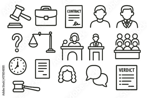 Legal Doodle Icons. Hand-drawn doodle illustration Legal trial process gavel, briefcase, contract, law book, defendant icon, prosecutor icon, courtroom sketch,