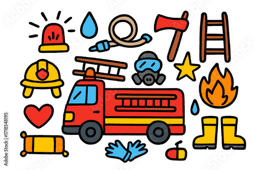 Colorful Emergency Doodles. Emergency response. Colorful Hand-drawn doodle Children illustration fire truck, siren, ladder, axe, helmet, hose, mask, flame,
