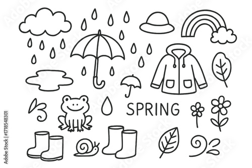 Rainy Spring Doodle. Hand-drawn doodle illustration Rainy spring umbrella, raindrops, rain boots, puddle, cloud, rainbow, jacket, hat, frog, snail, leaf,