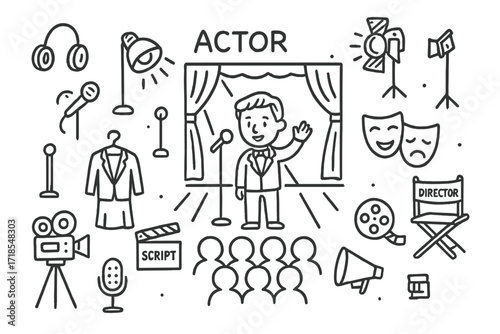 Theatrical Doodle Icons. Hand-drawn doodle illustration Actor under lights Spotlight, stage, microphone, clapperboard, script, camera, costume rack, mask,