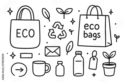 Eco Shopping Doodles. Hand-drawn doodle illustration Eco shopping bags [cloth bag, paper bag, sprout, leaf, recycling symbol, sparkle, star, tape, envelope,