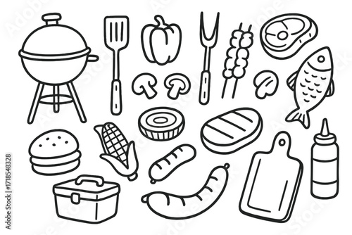 Barbecue Essentials Doodles. Hand-drawn doodle illustration barbecue essentials grill, skewers, meat cuts, fish, spatula, fork, corn cob, bell pepper, onion