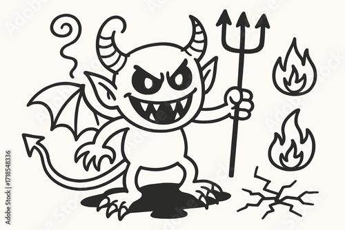Cartoon Devil Doodle. Hand-drawn doodle illustration Cartoon Demon devil horns, bat wings, fanged mouth, pitchfork, smoke trail, shadow figure, claw foot,