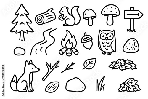 Forest Doodle Elements. Hand-drawn doodle illustration Forest Valley pine tree, log, squirrel, mushroom, trail sign, campfire, owl, acorn, stream, fox, branch,