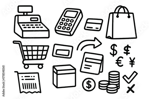 Checkout Doodle Icons. Hand-drawn doodle illustration Shopping payment at checkout [cash register, payment terminal, shopping cart, shopping bag, credit card,