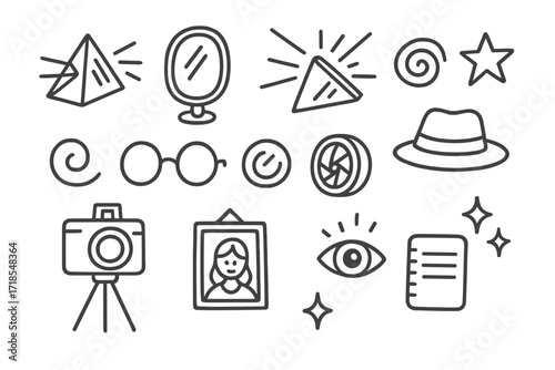 Experimental Photography Doodles. Hand-drawn doodle illustration experimental portrait photography prism, mirror, light rays, star, spiral, glasses, lens, hat,