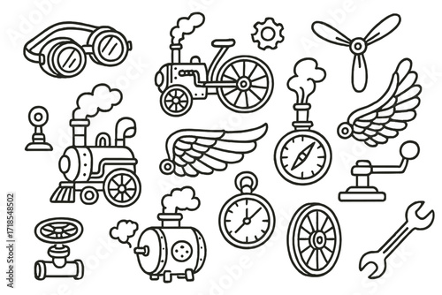Steampunk Doodle Elements. Hand-drawn doodle illustration Steampunk transportation [goggles, steam bike, gear, propeller, steam engine, exhaust, mechanical