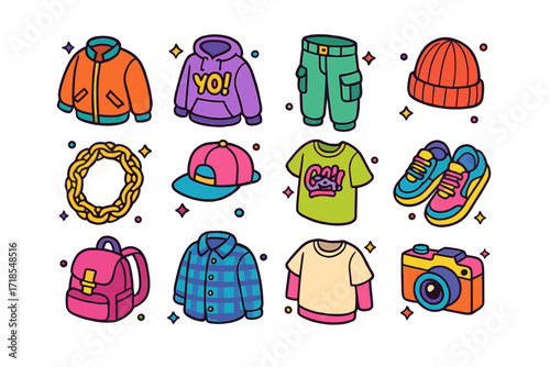Streetwear Icons Collection. Colorful isometric vector icons set of street style trends: bomber jacket, graphic hoodie, cargo pants, beanie, chunky chain,