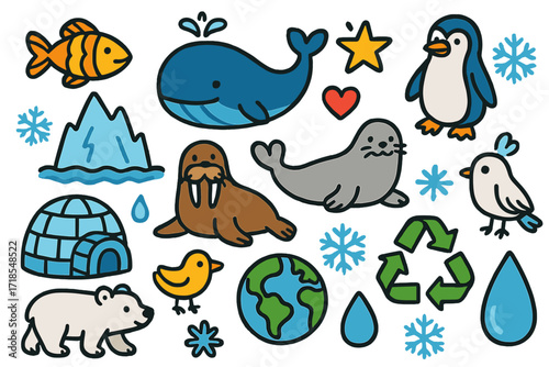 Arctic Wonderland Doodles. Colorful Hand-drawn doodle Children illustration Arctic sea life fish, whale, walrus, seal, penguin, polar bear, iceberg, igloo,