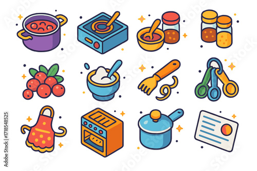 Festive Cooking Icons. Colorful isometric vector icons set of Festive kitchen cooking: cranberry sauce simmering pot, stovetop, wooden spoon stirring, spice
