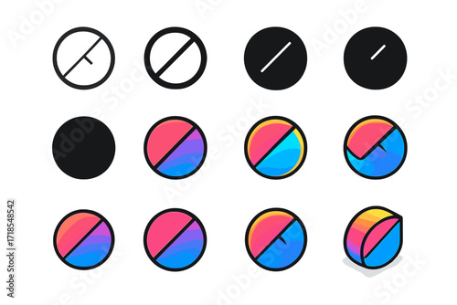 Brand Logo Variations. Set Logo of Brand Identity: Gradient circle icon. Logo set in vector style, emblematic variations. line, bold thick line, solid black