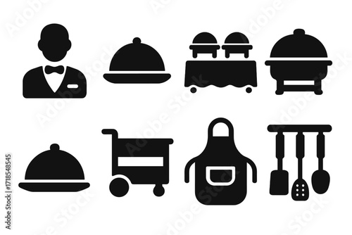 Banquet Service Icons. Solid, filled icon set of banquet food service: waiter, serving tray, buffet table, chafing dish, food cart, cloche, apron, kitchen