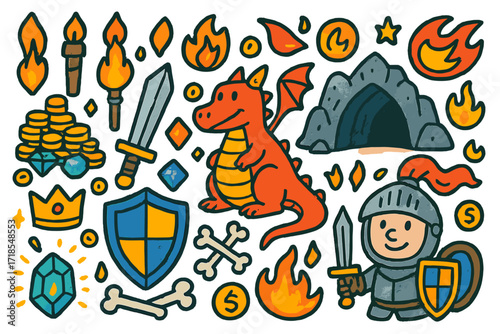 Whimsical Dragon's Treasure. Colorful Hand-drawn doodle Children illustration Dragon?s lair dragon, treasure pile, gold coins, sword, knight shield, torch,