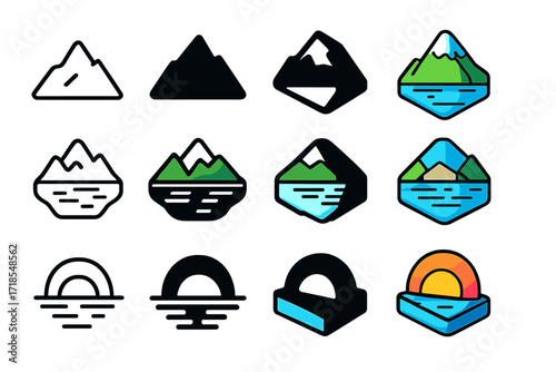 Scenic Icon Set. Icon Set of Scenic Views: Mountain peak, Lake reflection, Sunset horizon. Icons set in vector style, emblematic variations. Mountain peak
