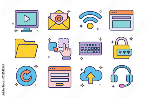 Digital Literacy Icons. Colorful isometric vector icons set of digital literacy workshops: computer screen, email icon, Wi-Fi symbol, internet browser window,