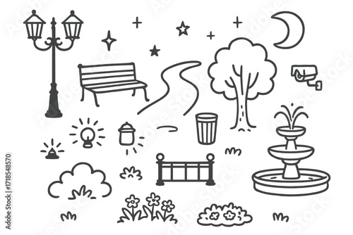 Park Night Doodles. Hand-drawn doodle illustration Park Lighting lamp post, bench, tree, path curve, ground light, glowing bulb, trash bin, bush, flower bed,