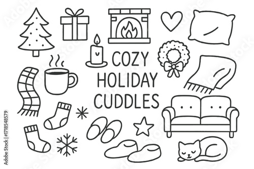 Cozy Holiday Doodles. Hand-drawn doodle illustration Cozy holiday cuddles [Christmas tree, gift box, fireplace, mug, blanket, heart, socks, snowflake, candle,