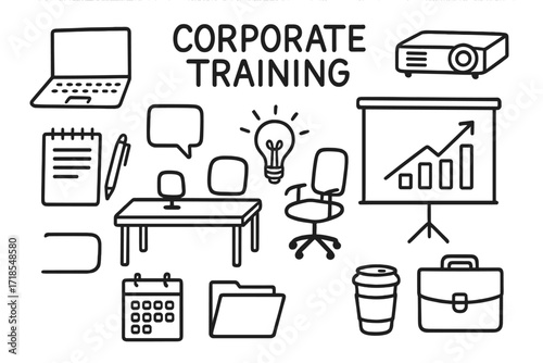 Corporate Workshop Icons. Hand-drawn doodle illustration Corporate training workshop whiteboard, laptop, projector, presentation screen, notepad, pen, office