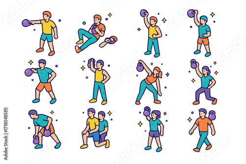 Colorful Kettlebell Exercises. Colorful isometric vector icons set of kettlebell exercises: kettlebell swing, Turkish get-up, goblet squat, kettlebell snatch,