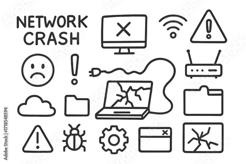 Network Crash Icons. Hand-drawn doodle illustration Network crash monitor, broken laptop, cable, wifi symbol, router, warning triangle, sad face