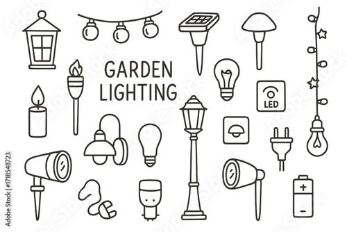 Garden Lighting Doodles. Hand-drawn doodle illustration Garden Lighting lantern, string lights, solar light, path light, fairy lights, lamp post, garden torch,