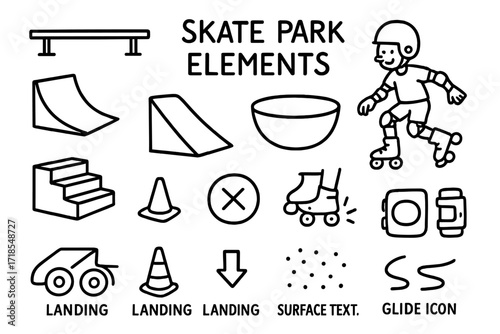 Skate Park Doodle. Hand-drawn doodle illustration Skate Park Elements rail, ramp, bowl, roller skater, toe stop landing, stairs, cone, trick icon, wheels,