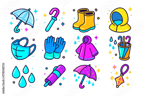 Neon Rain Gear Icons. Colorful isometric vector icons set of neon umbrellas and accessories: glowing transparent umbrella, LED umbrella handle, rain boots with