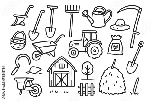 Traditional Farming Doodles. Hand-drawn doodle illustration Traditional farming tools Plow, hoe, rake, watering can, scythe, wheelbarrow, basket, sickle,