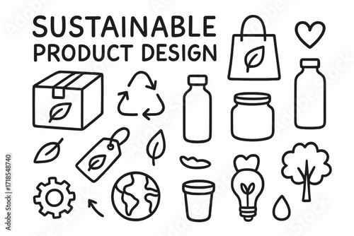 Eco-Friendly Icons. Hand-drawn doodle illustration Sustainable product design eco packaging box, leaf, recycling symbol, shopping bag, bottle, jar, reusable