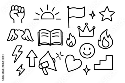 Empowerment Doodle Icons. Hand-drawn doodle illustration Empowerment symbols [raised fist, sunburst, flag, star, wings, book, crown, fire, arrow up, megaphone,