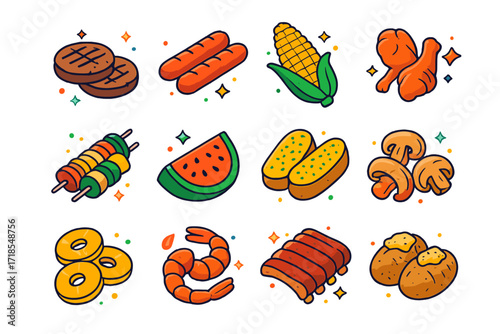 Summer BBQ Icons. Colorful isometric vector icons set of summer BBQ food essentials: burger patties, hot dog sausages, corn on the cob, chicken wings, veggie