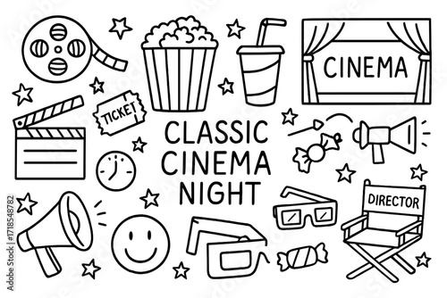 Classic Cinema Doodles. Hand-drawn doodle illustration Classic cinema night [film reel, clapperboard, popcorn bucket, soda, ticket, cinema screen, stars,