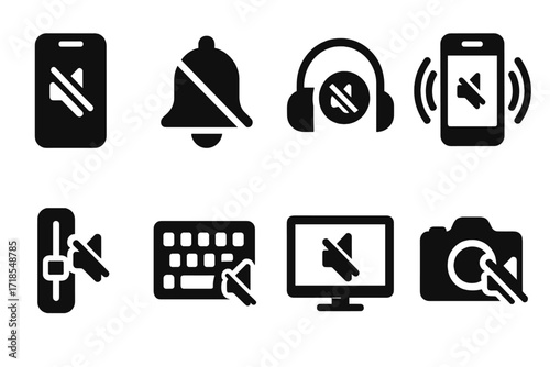 Silent Tech Icons. Solid, filled icon set of silence in technology: muted phone, silent bell, headphones with mute, no vibration, silent mode icon, quiet