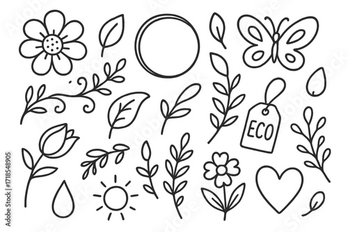 Floral Doodle Design. Hand-drawn doodle illustration Floral branding design [flower, leaf, sprout, petal, circle frame, butterfly, vine, bud, eco tag, herbal
