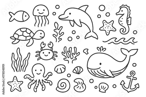 Ocean Life Doodle. Hand-drawn doodle illustration Ocean life [fish, dolphin, whale, turtle, crab, jellyfish, seaweed, coral, starfish, shell, seahorse, wave,