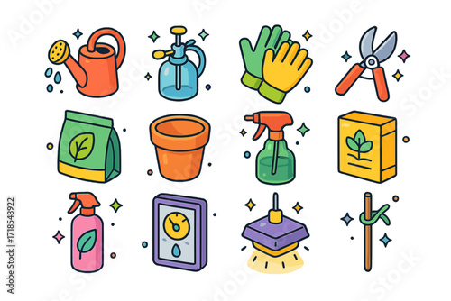 Colorful Plant Care Icons. Colorful isometric vector icons set of plant care tools and items: watering can, plant mister, gardening gloves, pruning shears,