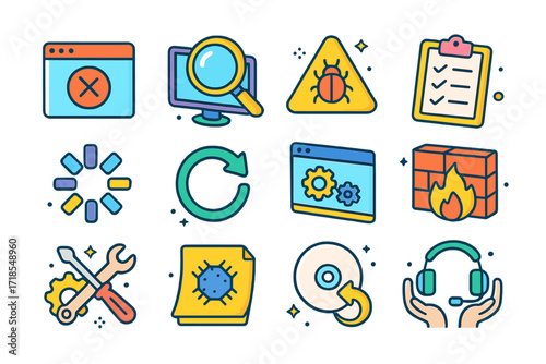 Tech Troubleshooting Icons. Colorful isometric vector icons set of Troubleshooting process: error message window, magnifying glass over screen, bug warning