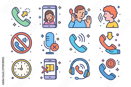 Phone Etiquette Icons. Colorful isometric vector icons set of phone call etiquette: answering promptly, polite greeting, asking permission to talk, clear tone,