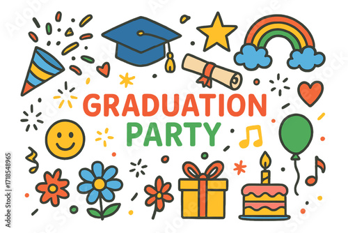 Graduation Celebration Doodles. Colorful Hand-drawn doodle Children illustration Graduation Party [party popper, cap, diploma, star, rainbow, heart, spark,