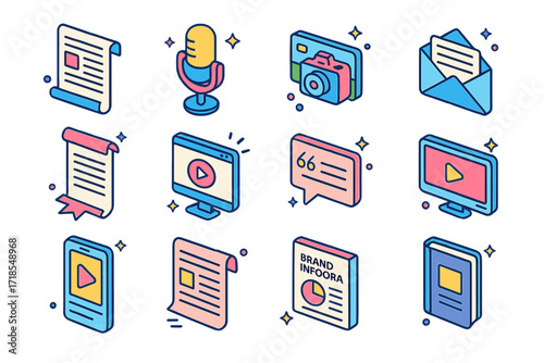 Brand Story Icons. Colorful isometric vector icons set of brand storytelling content formats: blog post draft, podcast mic, behind-the-scenes photo, newsletter